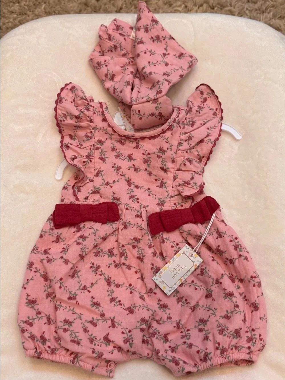 Vintage Style Floral Infant Romper with Matching Bunny Toy
